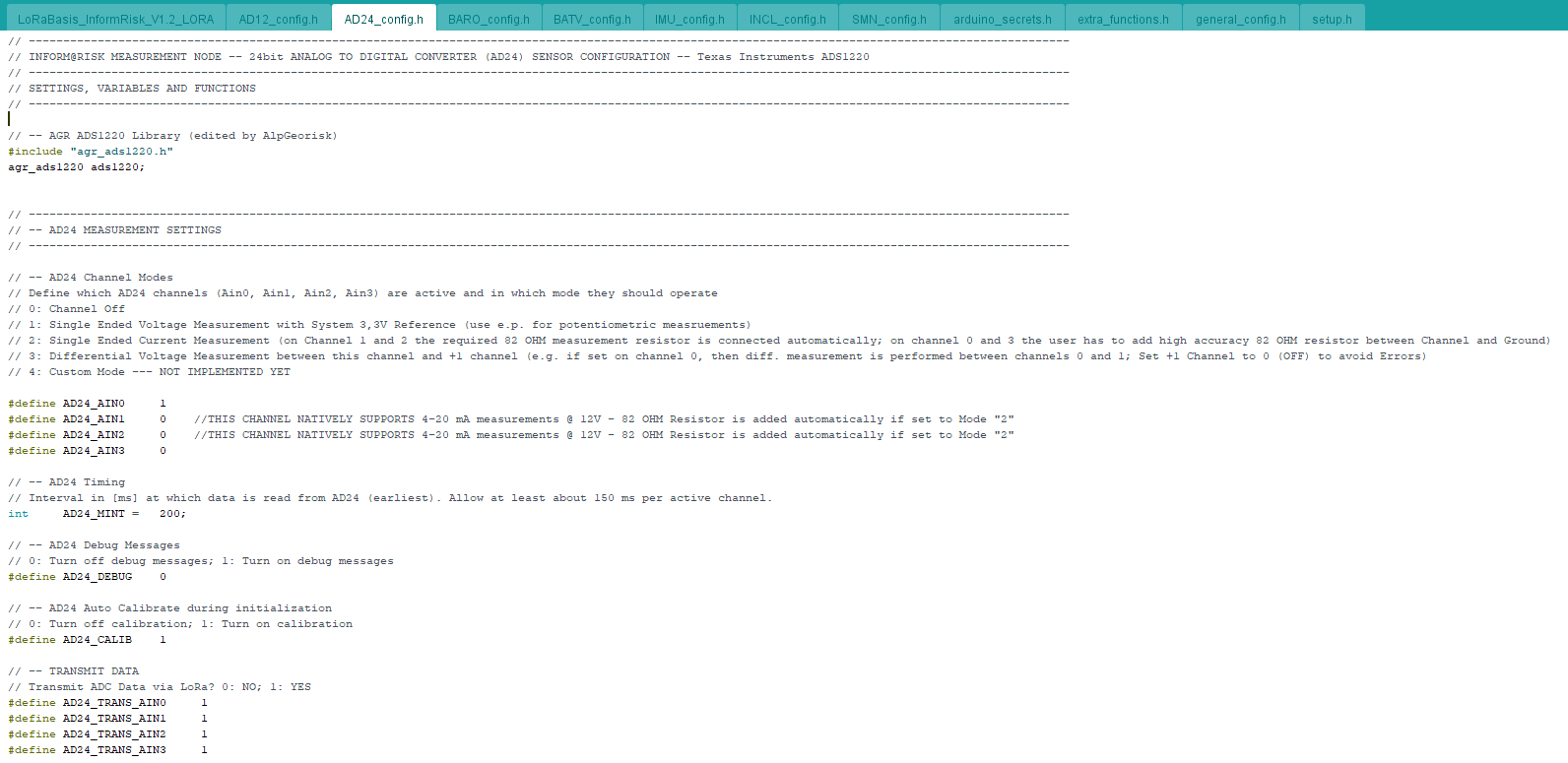 Measurement Settings from the AD24\textunderscore config.h file