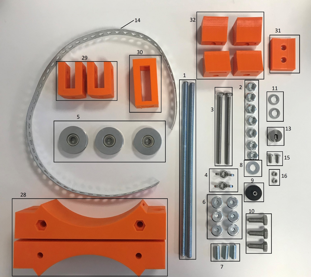 Für den Einbau des Extensometers benötigte Materialien. Die Nummern entsprechen den Nummern in der obigen Tabelle.