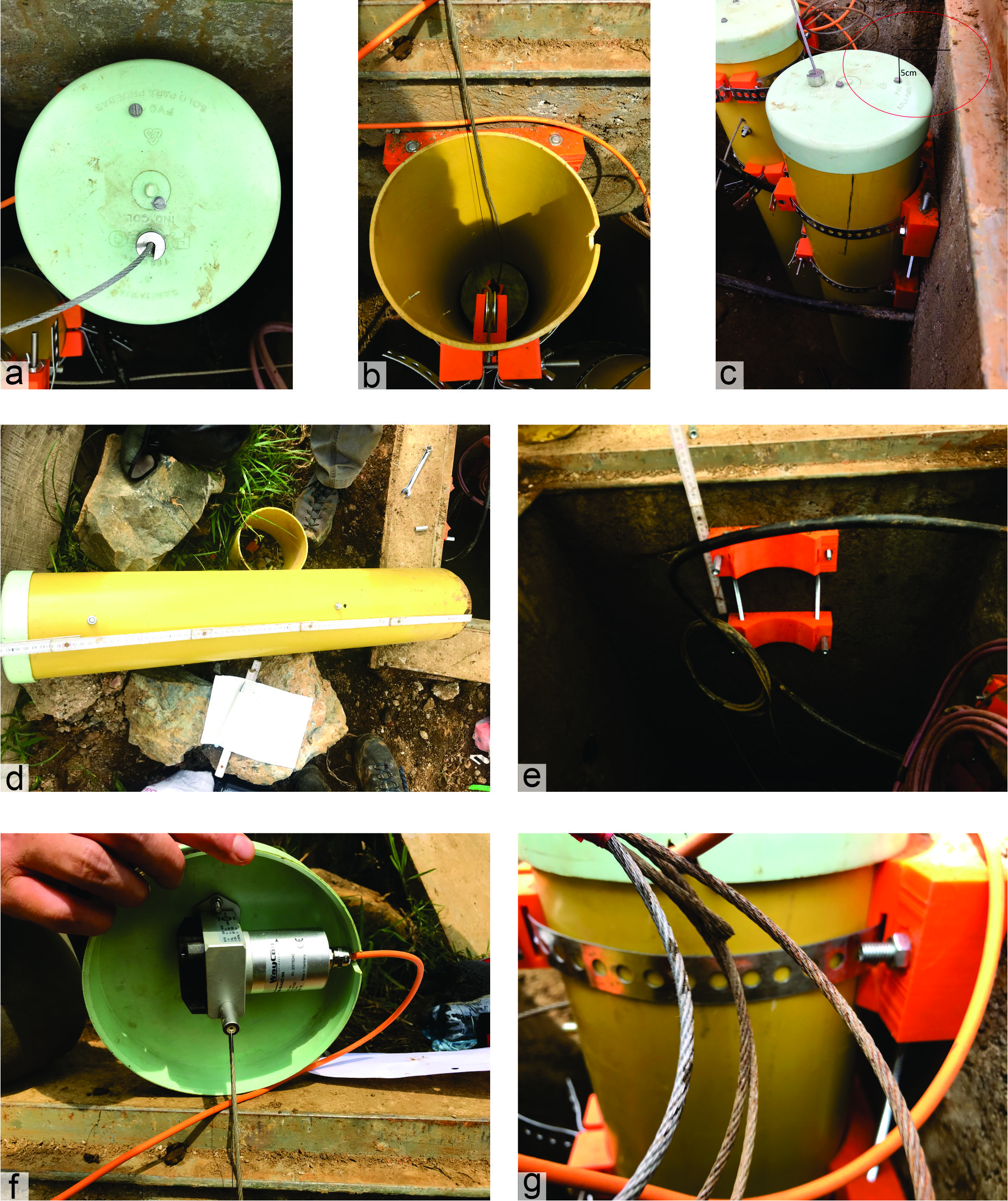 Assembly of extensometer in a shaft. a) Lid with holes for the sensor and the extensometer wire. b) Inside of pipe with pulley, weight and cutout on the right. c) Finished pipe on the shaft wall with indication of the optimal height of the extensometer under the shaft lid. d) Prepared pipe with holes for pulley and extensometer wire. e) Preparation of EXT Pipe-Mount to the shaft wall f) Underside of the lid with the sensor attached and the sensor wire going through the cutout. g) Mounted pipe on the shaft wall.