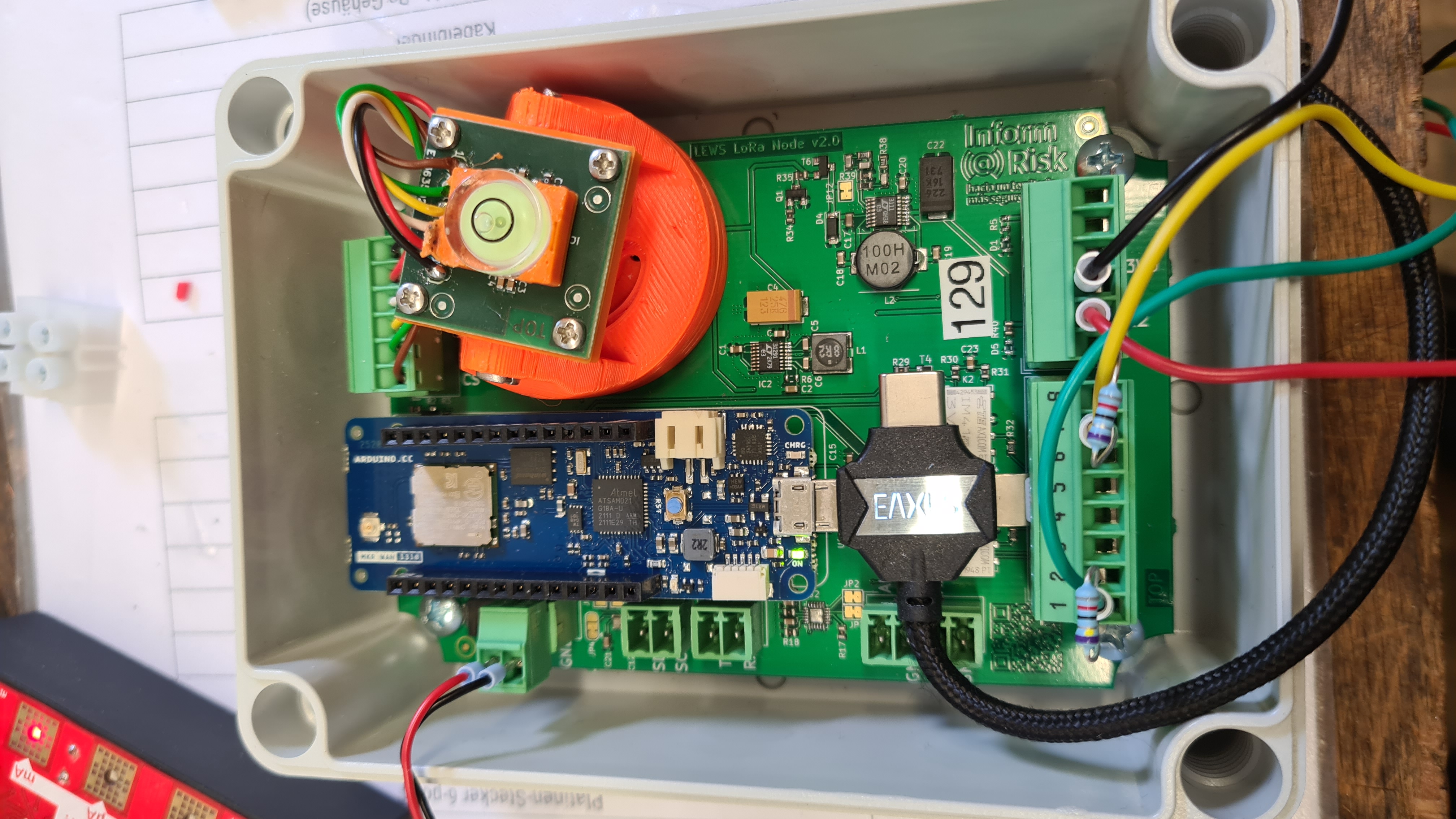 Example of hardware setup for uploading code to the arduino. In this example, additional sensors are attached at the bottom.