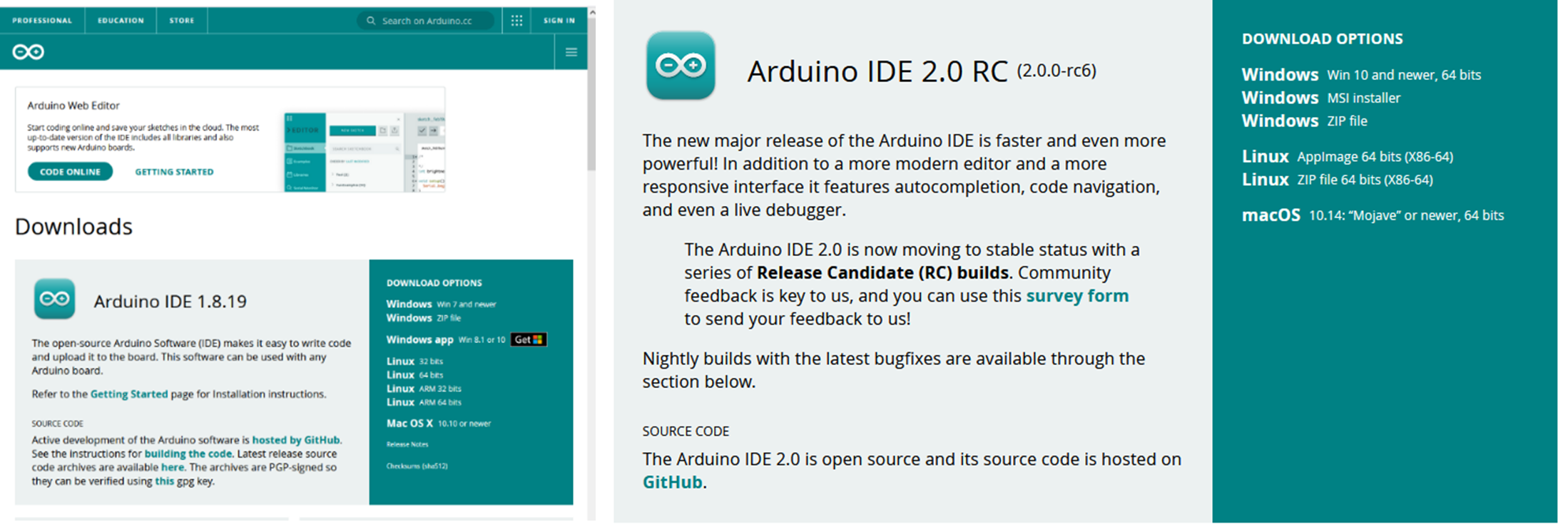 Download pages for the regular IDE (left) and the version 2.0 (right).