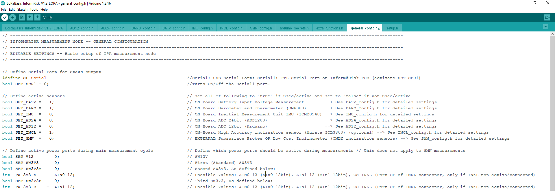 Serial Settings, Sensor Activation Settings and Power Port Settings in general_Config.h file