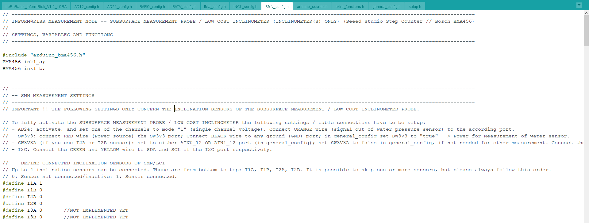 SMN Variables and Definition of Inclination sensors from the SMN_config.h file