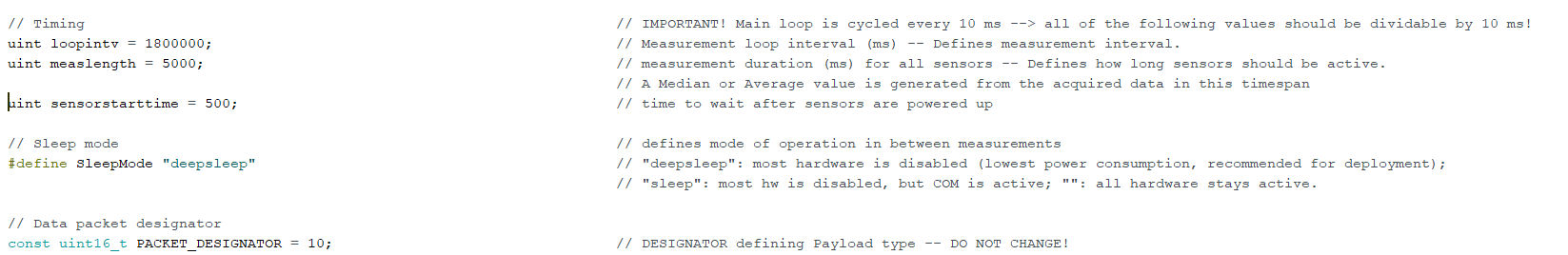 Timing, Sleep Mode and Data Packet Designator Settings in general_Config.h file