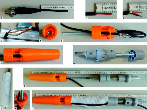 Zusammenbau des Wassersensors. Die einzelnen Schritte werden im Text erklärt.