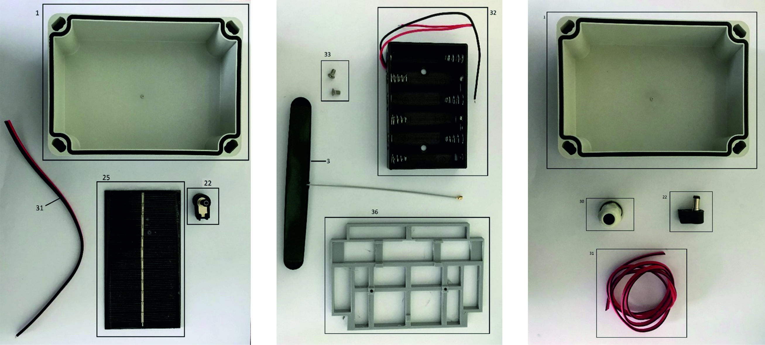 Materials for the solar powered (left) and battery powered (center) versions of the Measurement Node. Additional materials needed for the external solar power supply are shown on the right. Described in tables 1, 2 and 3.