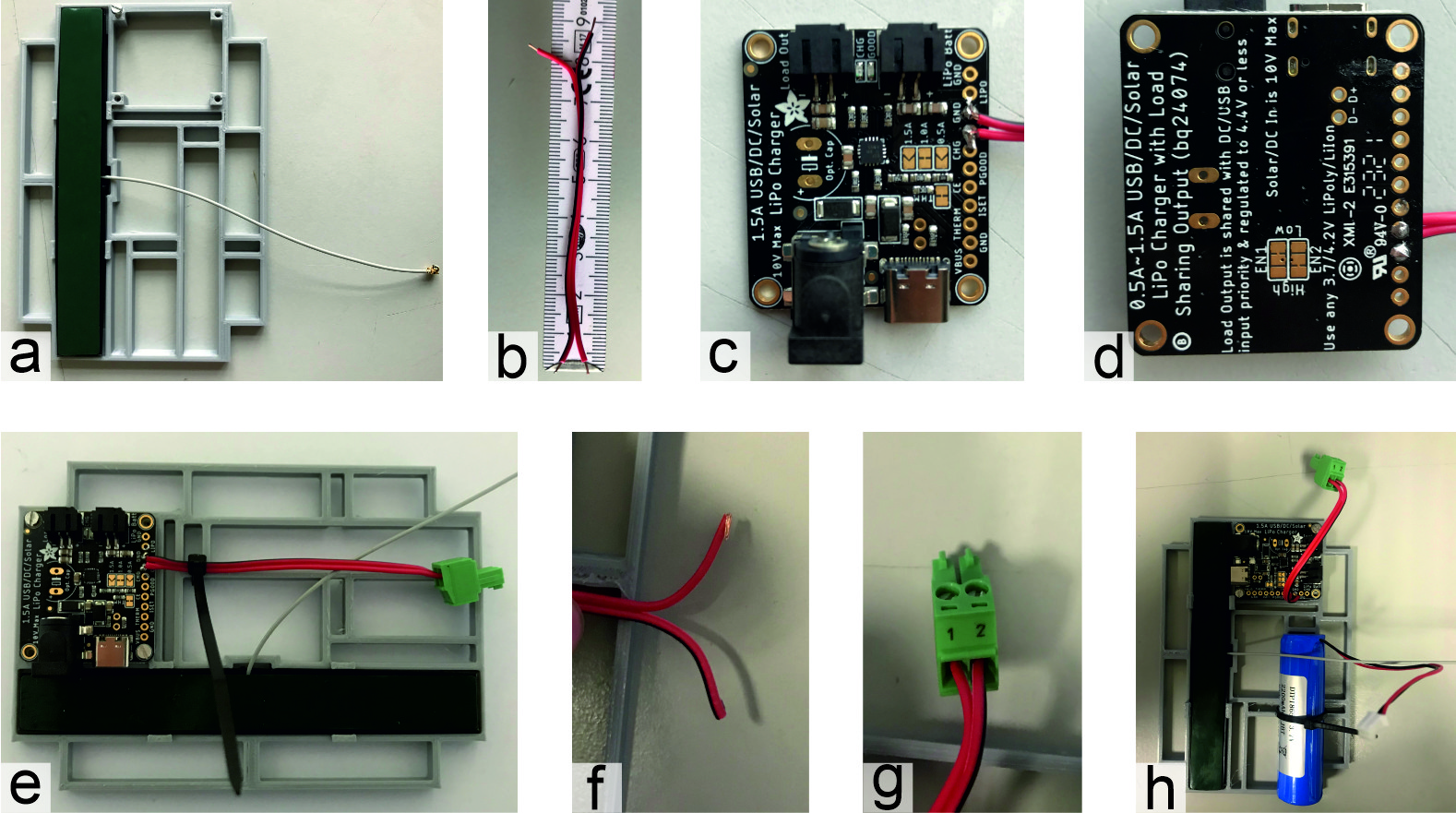 Assembly steps to prepare the solar power supply, both for internal and external solar panel. The individual steps are explained in the text.