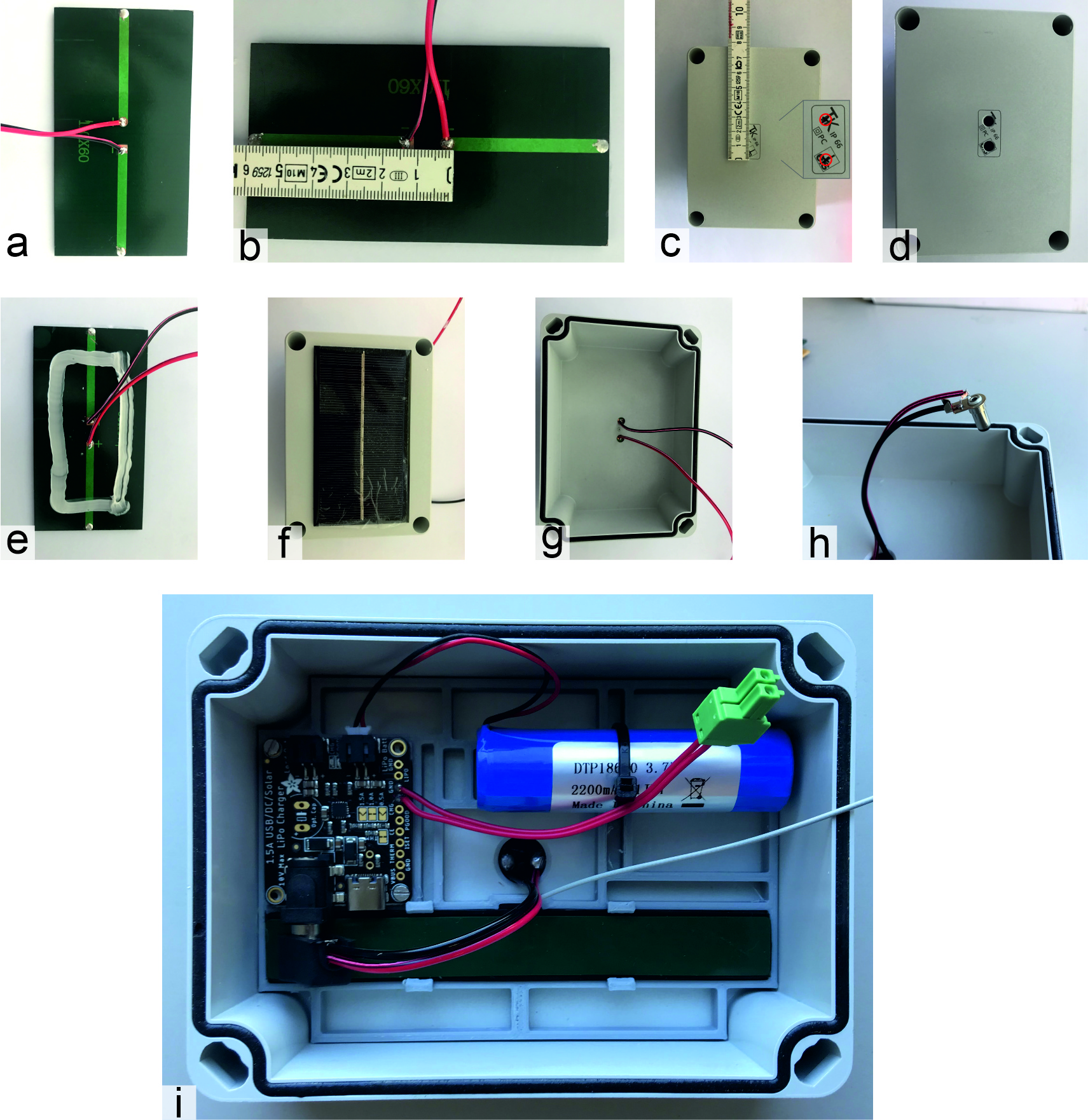 Assembly steps to prepare the enclosure for the internal solar panel. The individual steps are explained in the text.